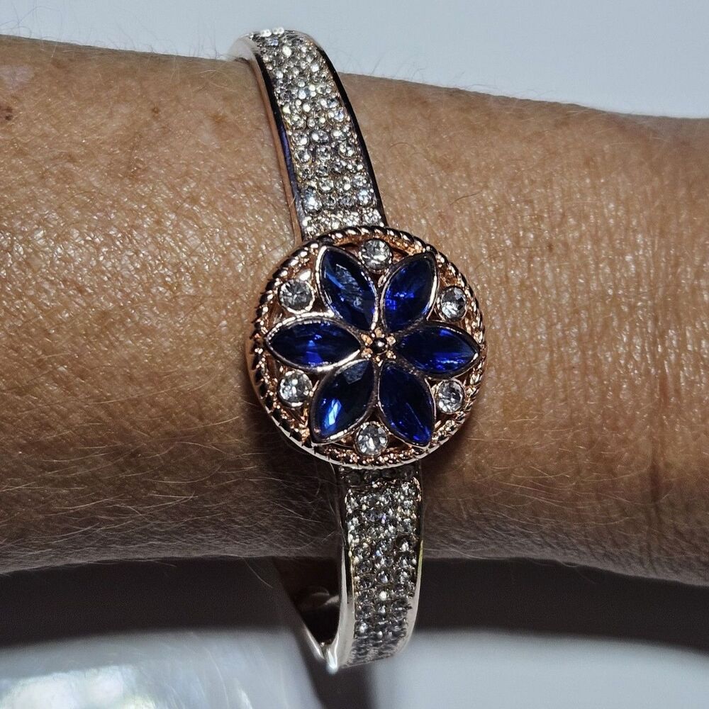 Rose Gold Snap Bracelet Blue And Clear Rhinestone Flower Approx 7"